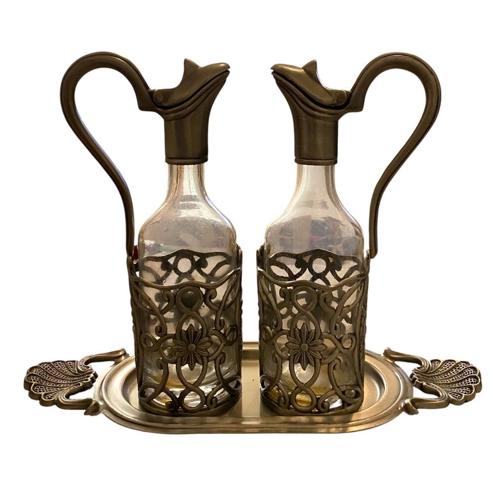 Vintage Glass Bottles Oil & Vinegar Set with Silver toned Metal Filigree Accent